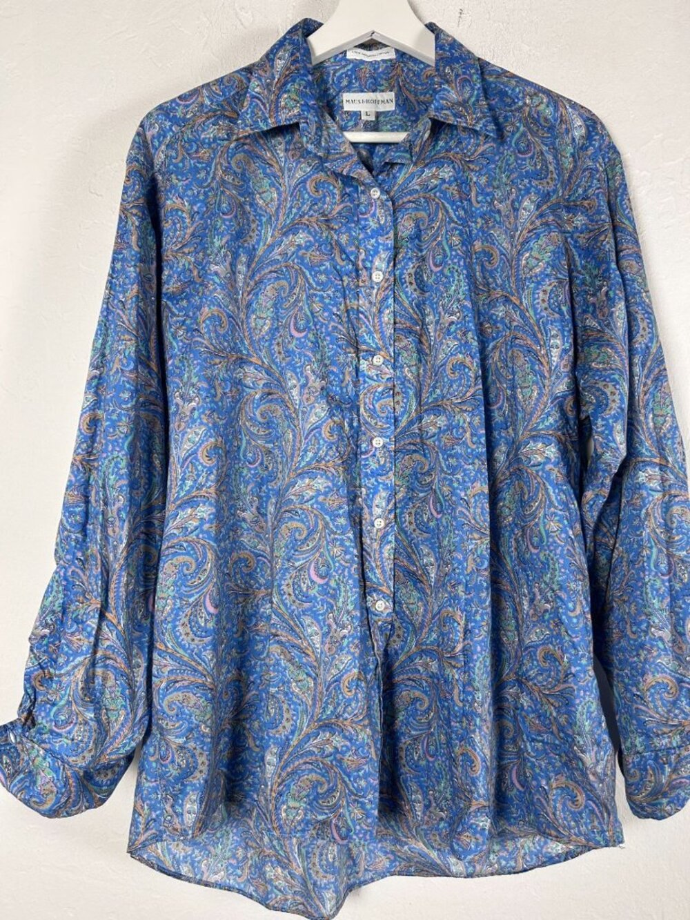 Maus & Hoffman Cotton Fabric Womens Blue Paisley Long Sleeve Shirt Large Casual